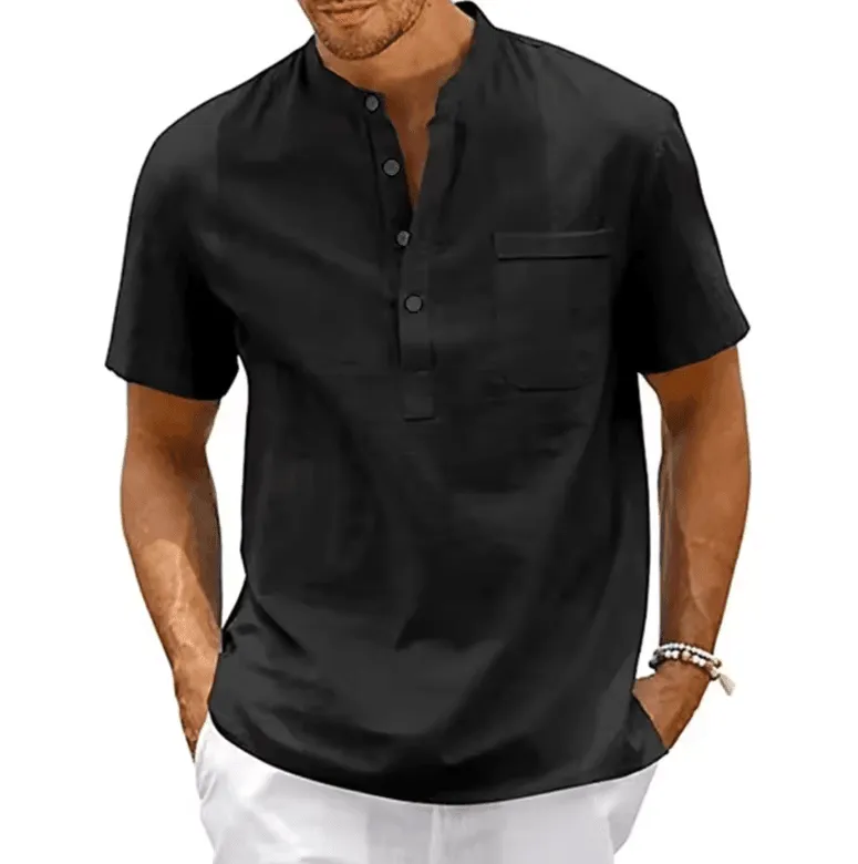 🔥 Men’s Cotton Linen Henley Shirt – Casual, Vintage & Stylish Beach Top! 👕🌊