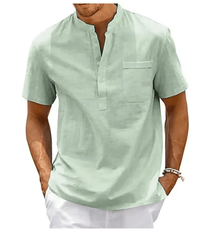 🔥 Men’s Cotton Linen Henley Shirt – Casual, Vintage & Stylish Beach Top! 👕🌊
