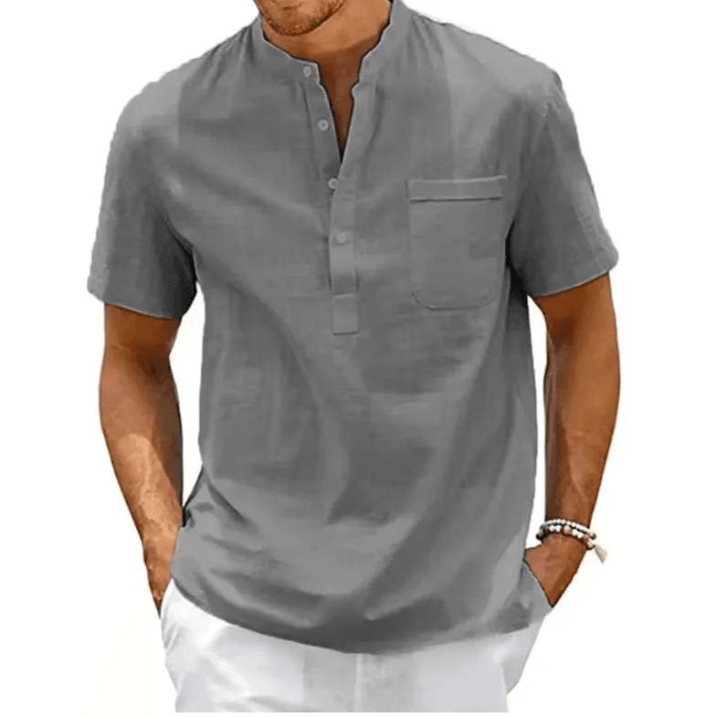 🔥 Men’s Cotton Linen Henley Shirt – Casual, Vintage & Stylish Beach Top! 👕🌊