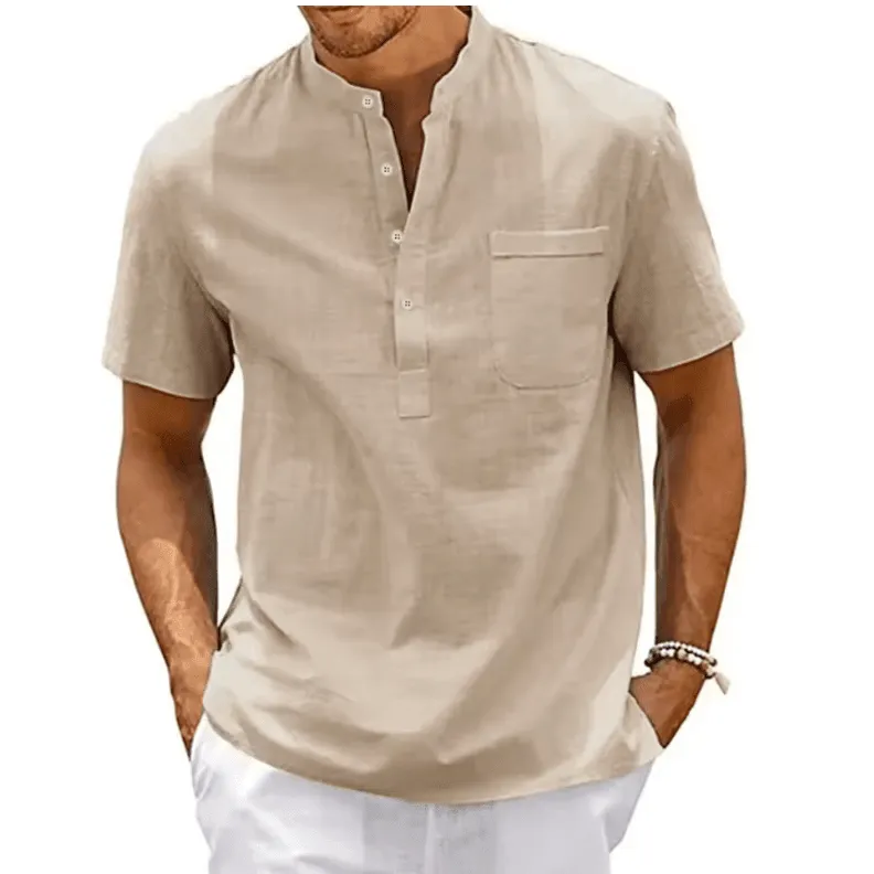 🔥 Men’s Cotton Linen Henley Shirt – Casual, Vintage & Stylish Beach Top! 👕🌊