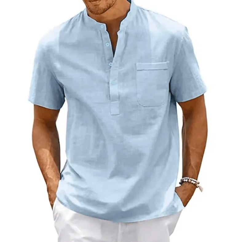 🔥 Men’s Cotton Linen Henley Shirt – Casual, Vintage & Stylish Beach Top! 👕🌊