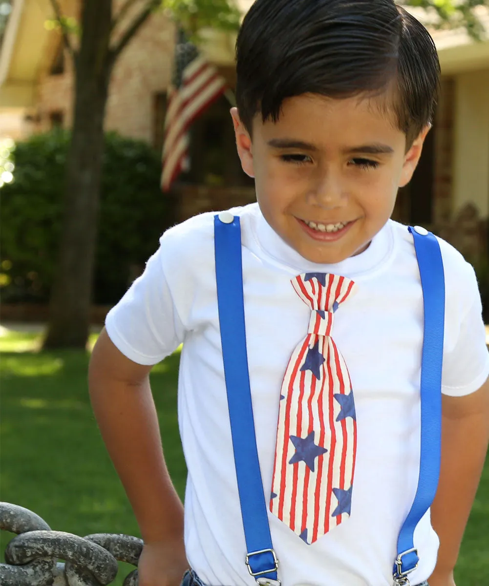 4th of July Outfit Baby Boy  Outfit Patriotic Blue Suspenders and Star Stripe Tie