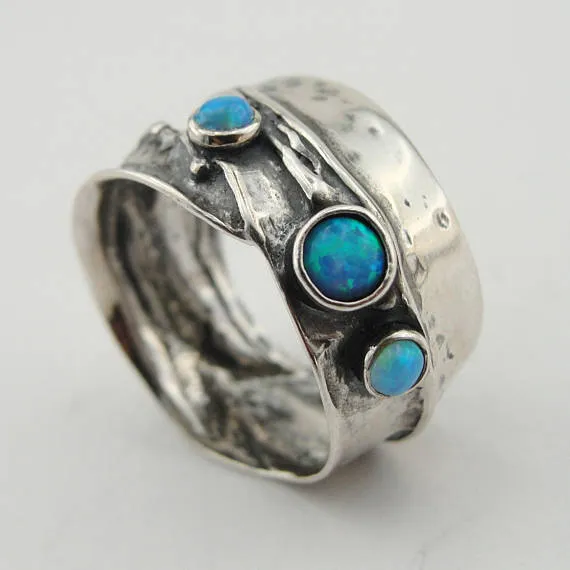 925 Sterling Silver Blue Opal Ring Israeli Jewelry Gift for Israeli Women