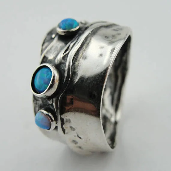 925 Sterling Silver Blue Opal Ring Israeli Jewelry Gift for Israeli Women