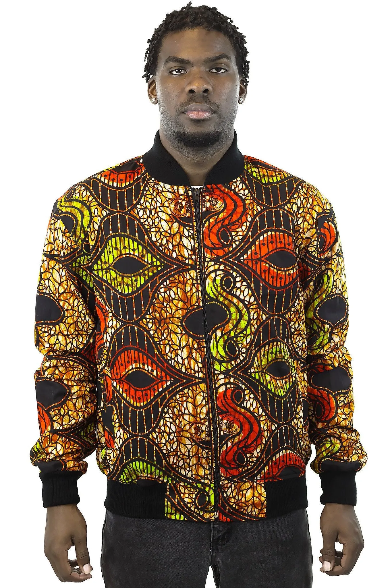 African Bomber Jacket - Green Red Gold Brown Abstract Curves