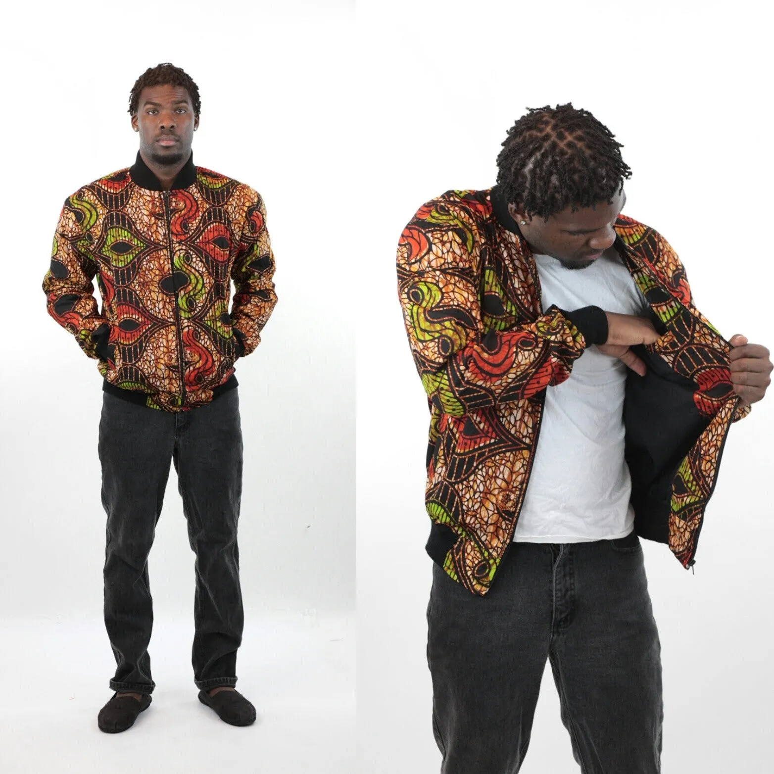 African Bomber Jacket - Green Red Gold Brown Abstract Curves