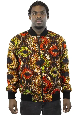 African Bomber Jacket - Green Red Gold Brown Abstract Curves