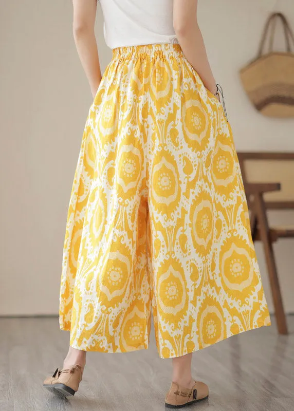Beautiful Yellow High Waist Pockets Print Crop Pants Skirt Summer LY2958