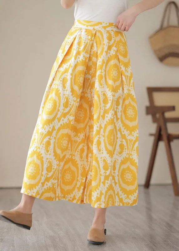 Beautiful Yellow High Waist Pockets Print Crop Pants Skirt Summer LY2958