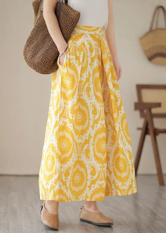 Beautiful Yellow High Waist Pockets Print Crop Pants Skirt Summer LY2958