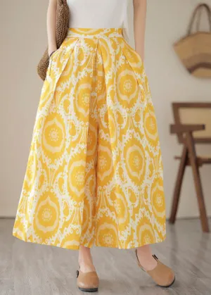 Beautiful Yellow High Waist Pockets Print Crop Pants Skirt Summer LY2958