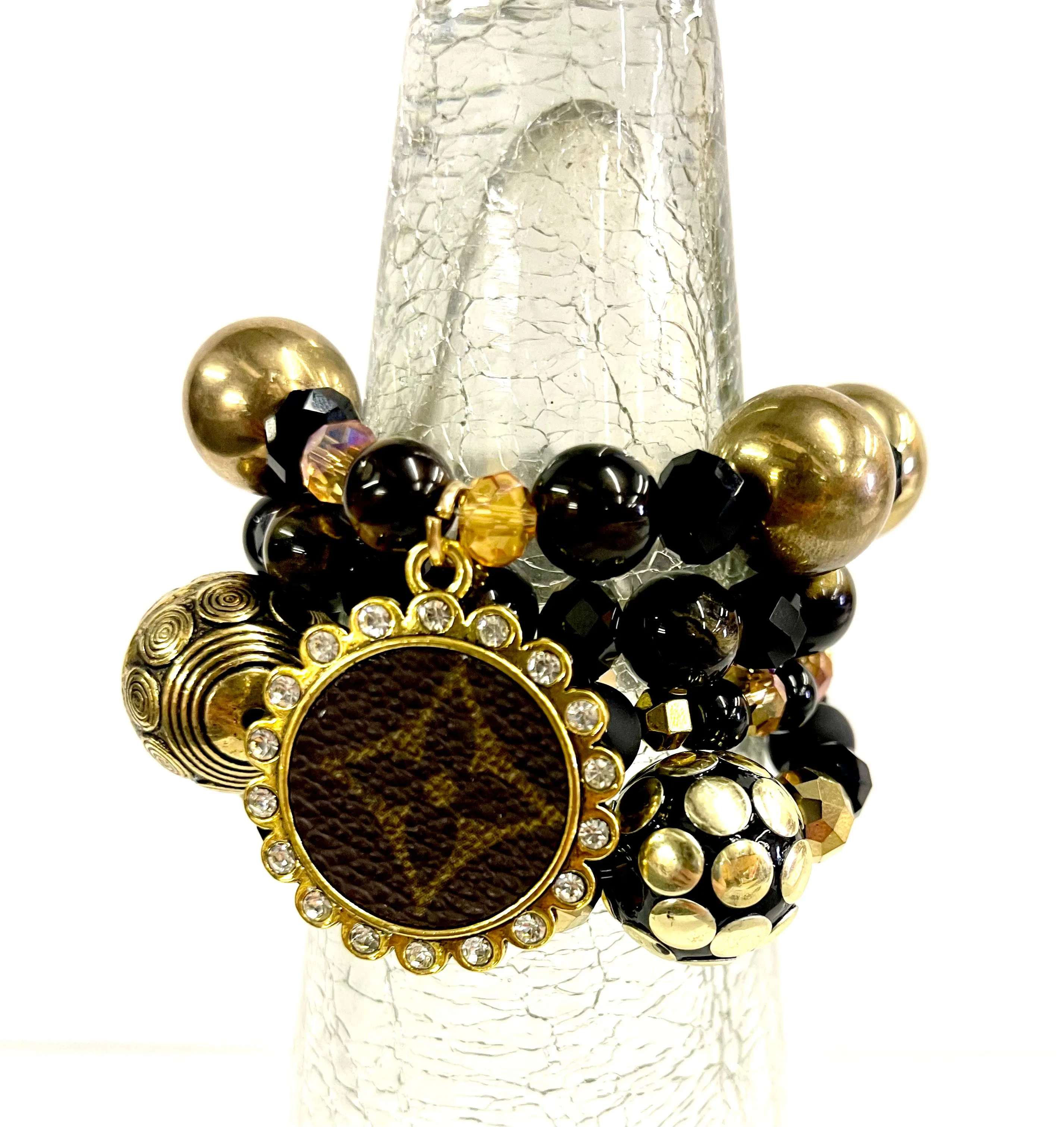 Black and Gold bling Stacked Bracelet set- Gold Clear