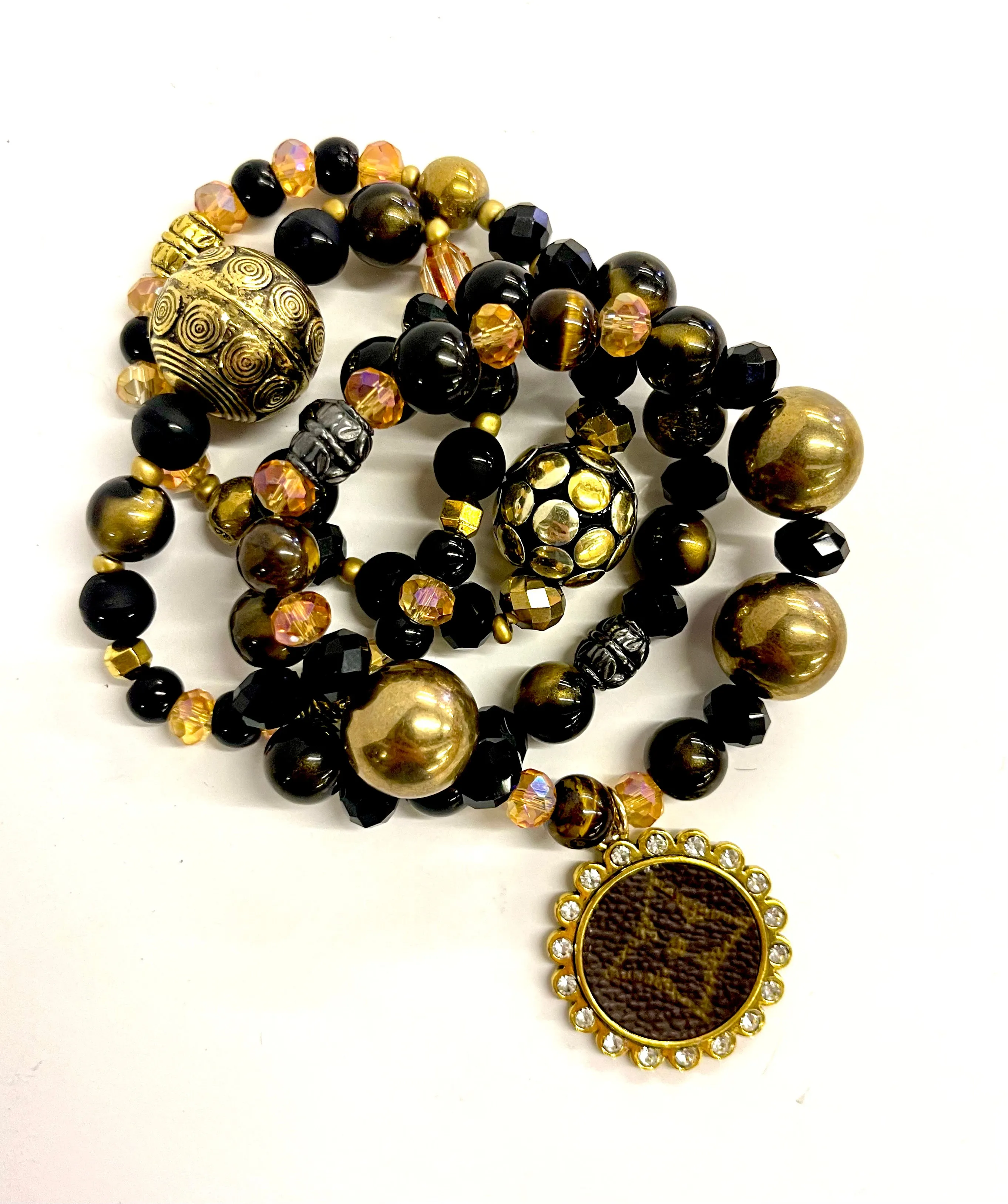 Black and Gold bling Stacked Bracelet set- Gold Clear