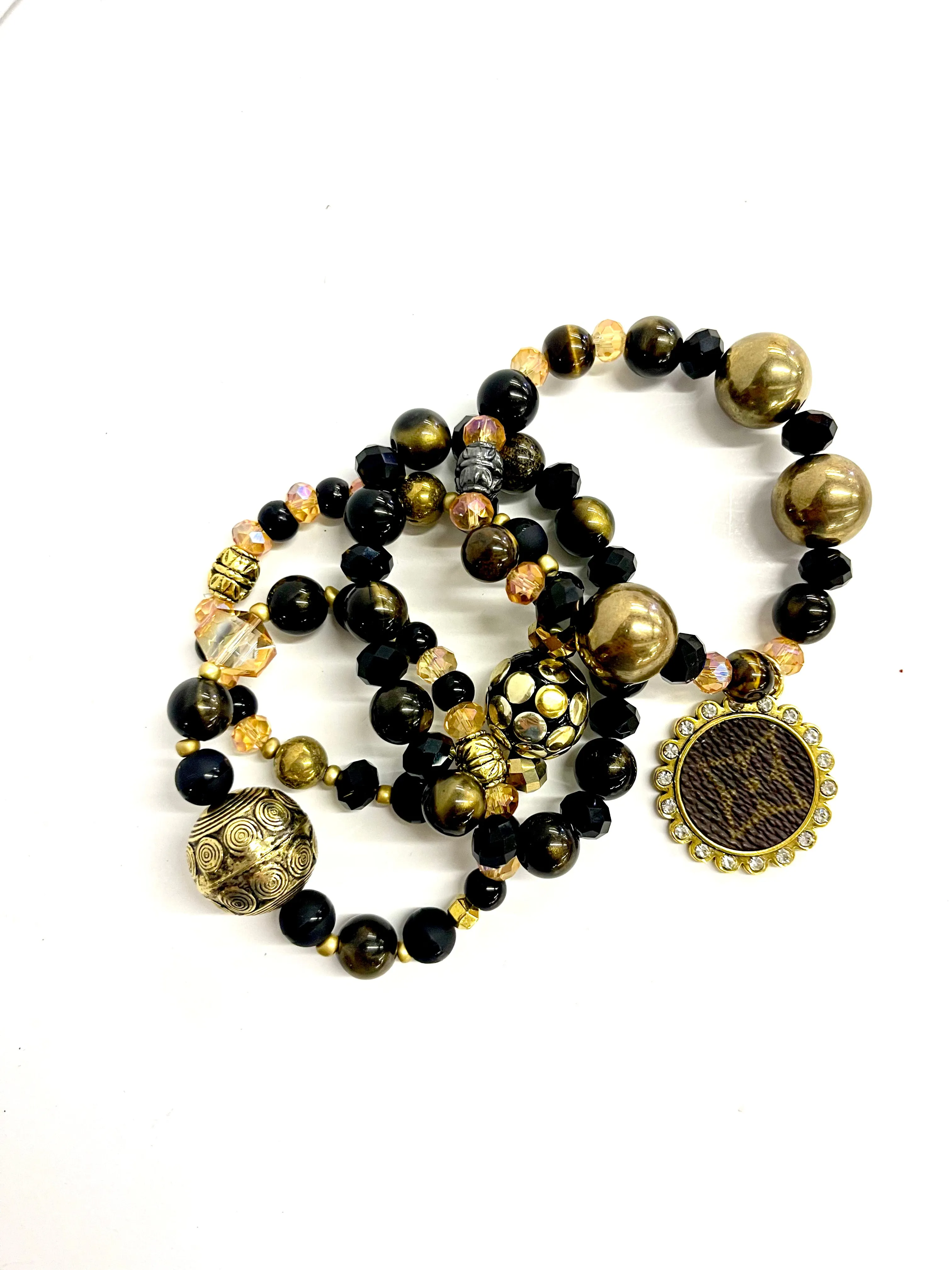 Black and Gold bling Stacked Bracelet set- Gold Clear