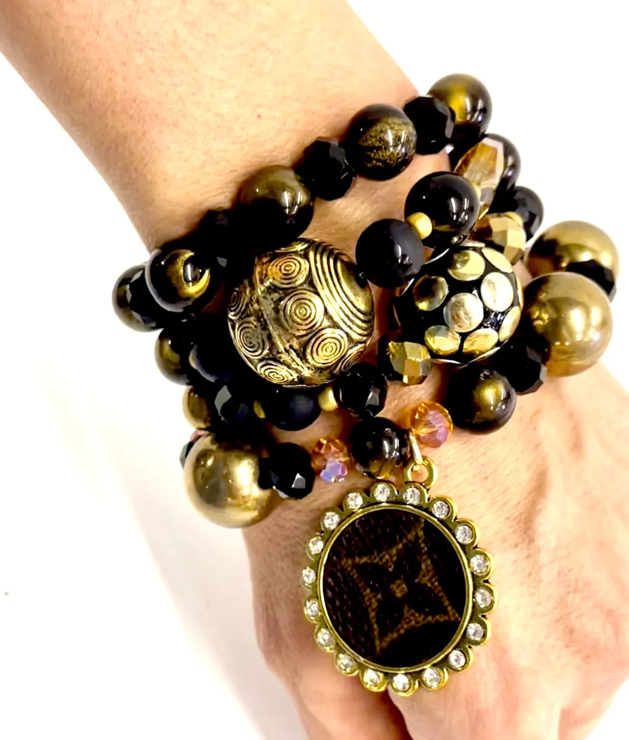 Black and Gold bling Stacked Bracelet set- Gold Clear