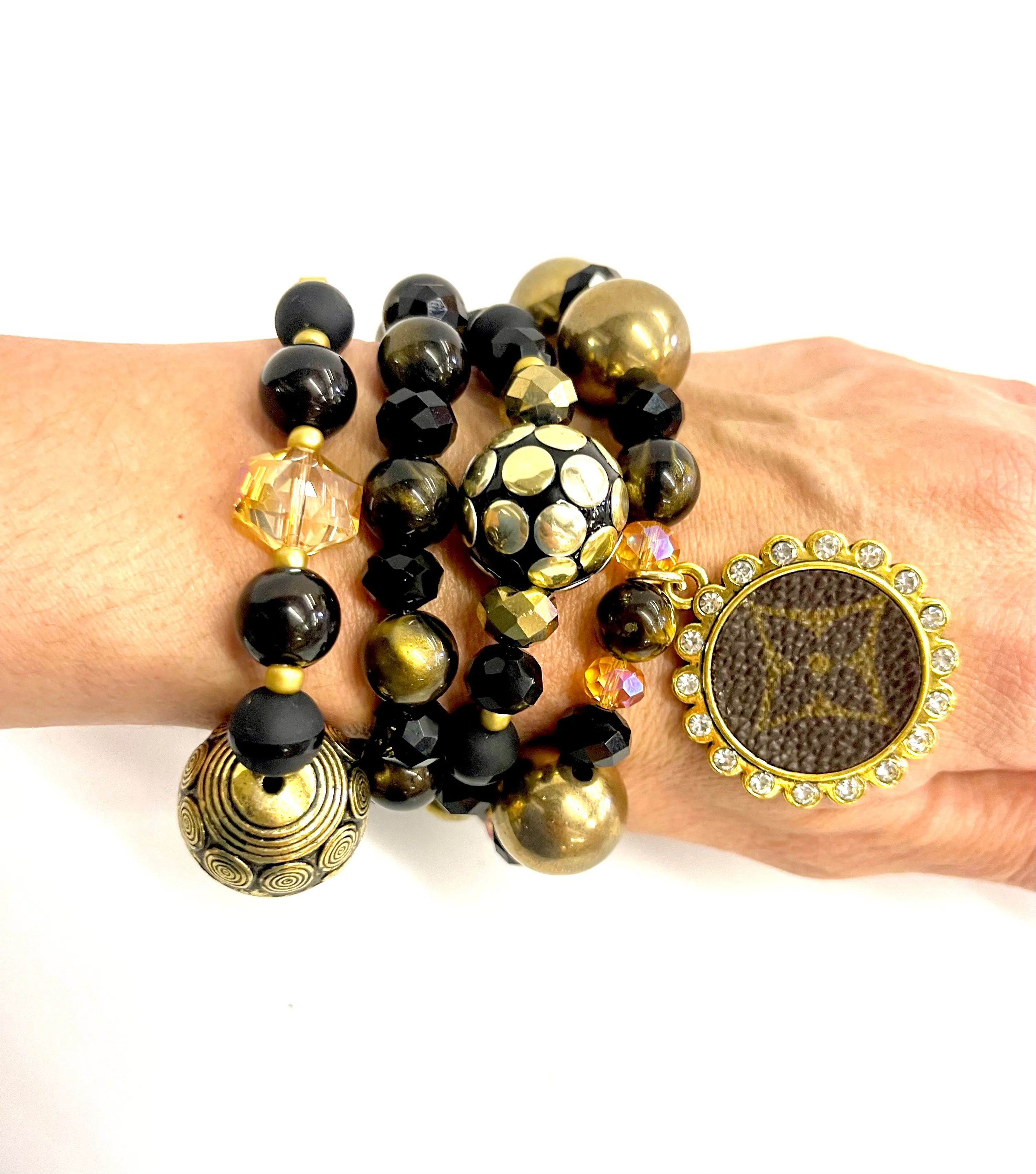 Black and Gold bling Stacked Bracelet set- Gold Clear