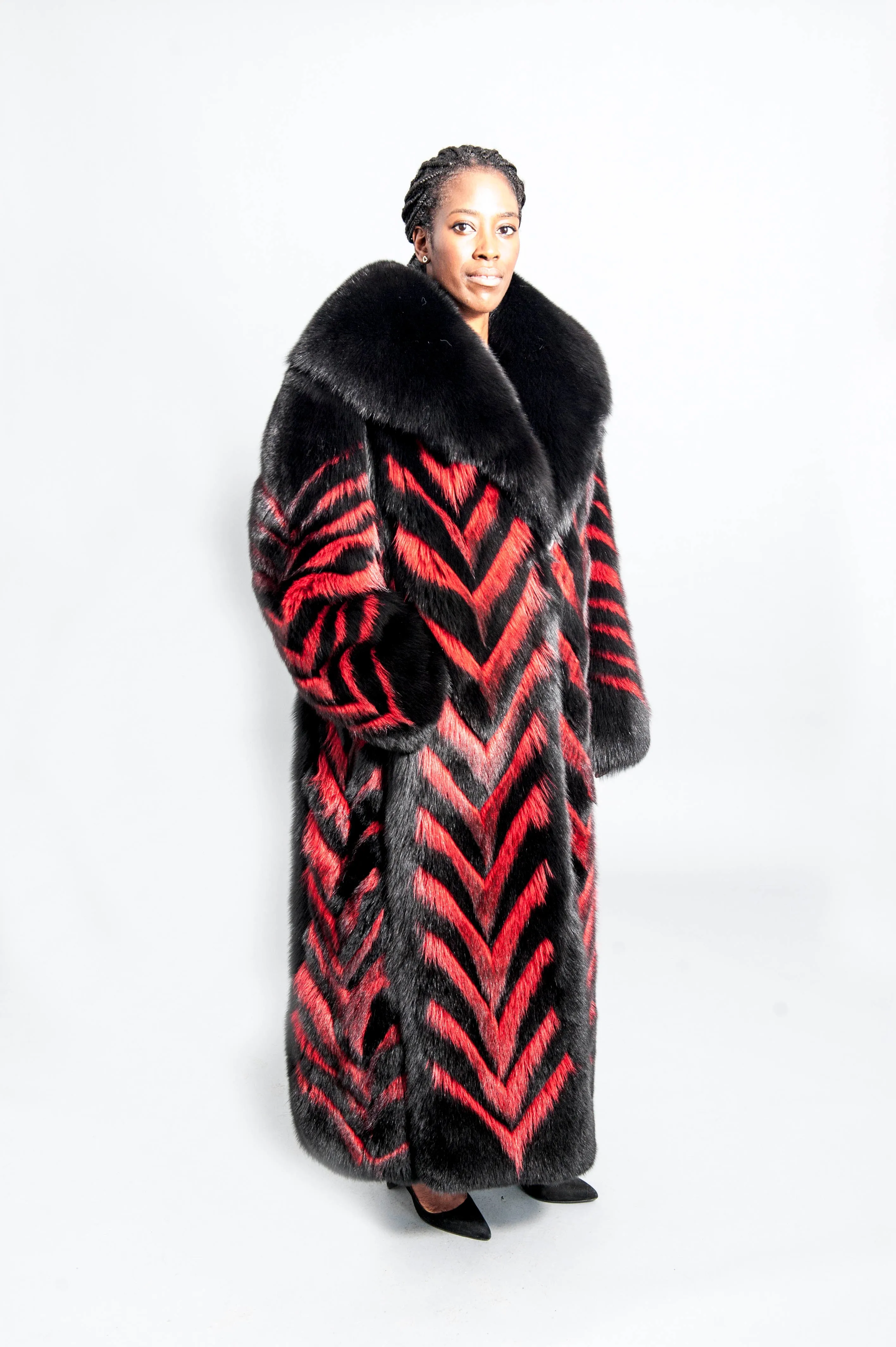 Black Fox Fur and Red Raccoon Fur Coat