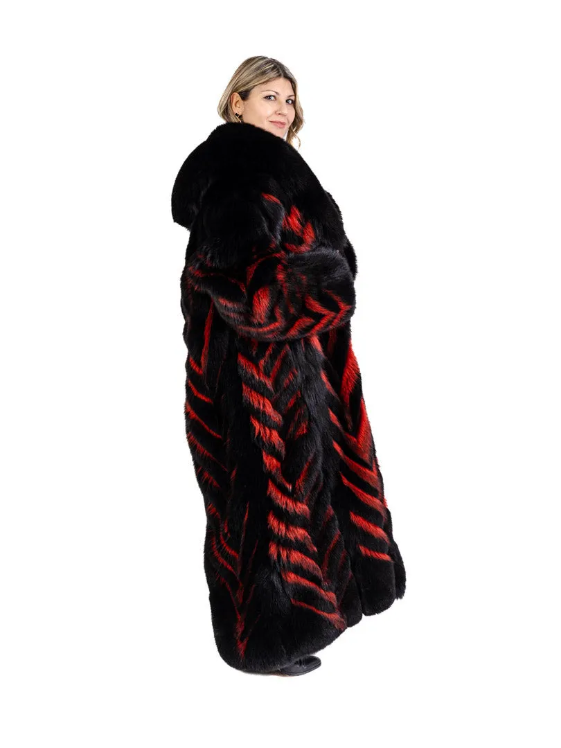 Black Fox Fur and Red Raccoon Fur Coat