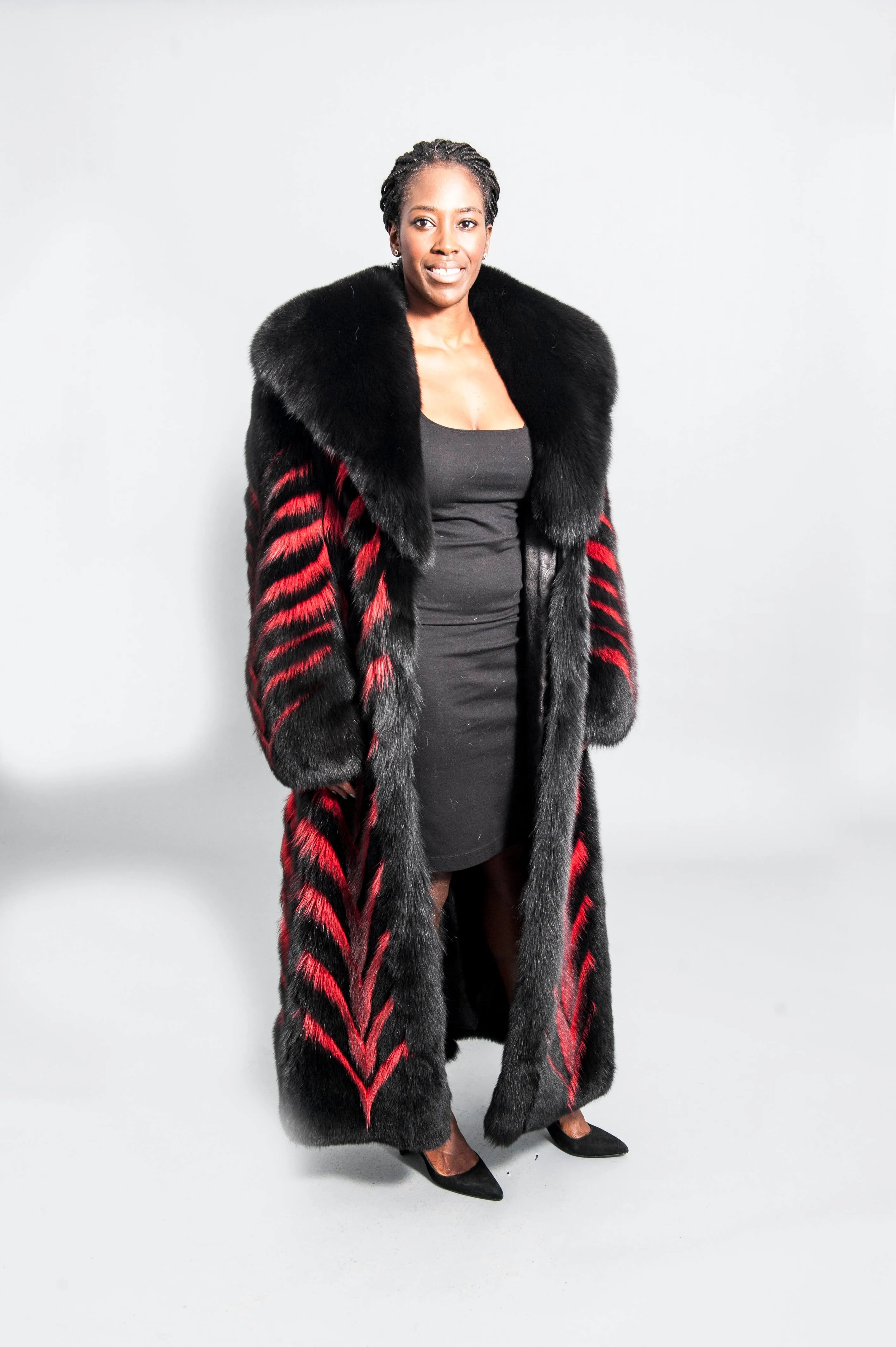 Black Fox Fur and Red Raccoon Fur Coat