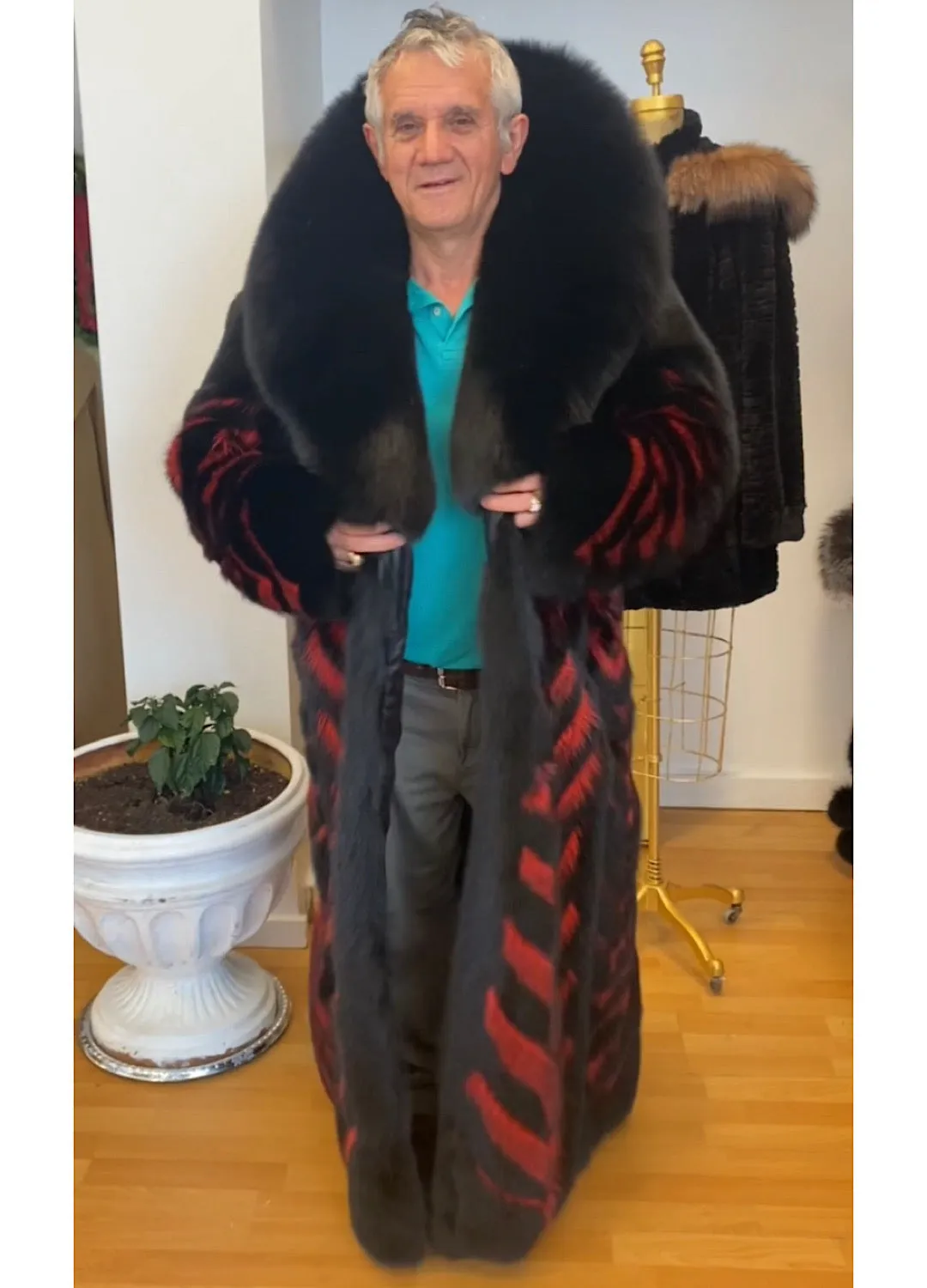 Black Fox Fur and Red Raccoon Fur Coat