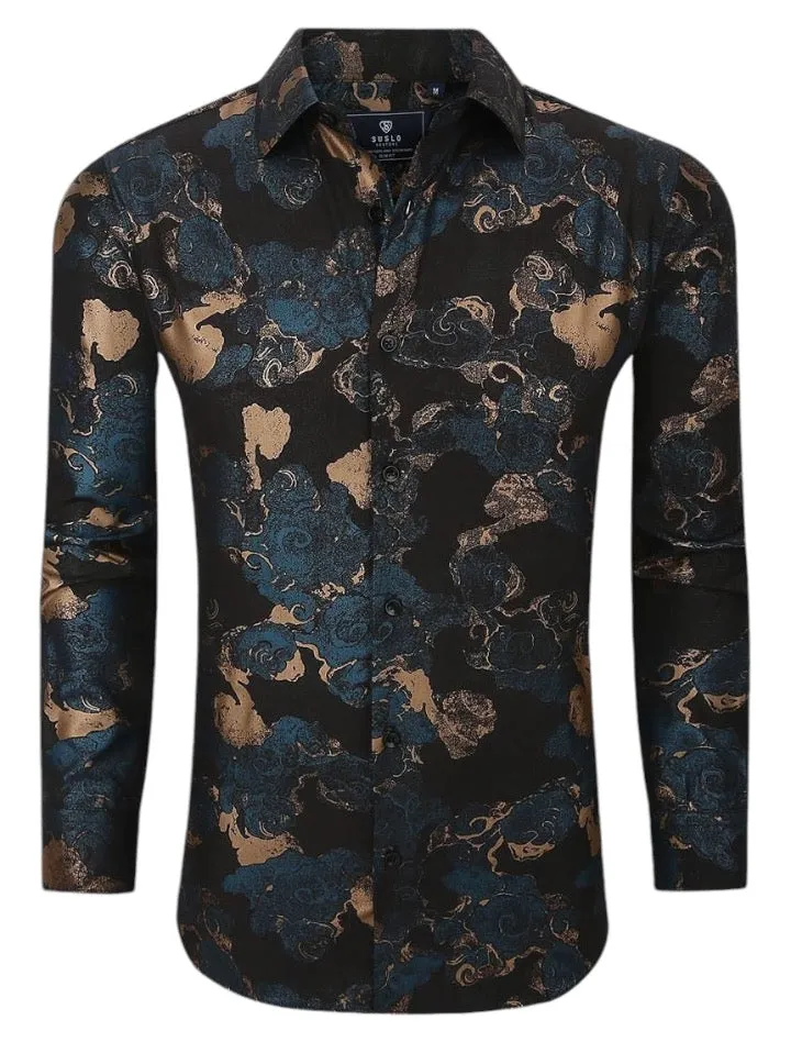 Black Mulicolor Men's Shirt Floral Printed Button-Down Casual Long Sleeve Regular-Fit Style No: SC460-7