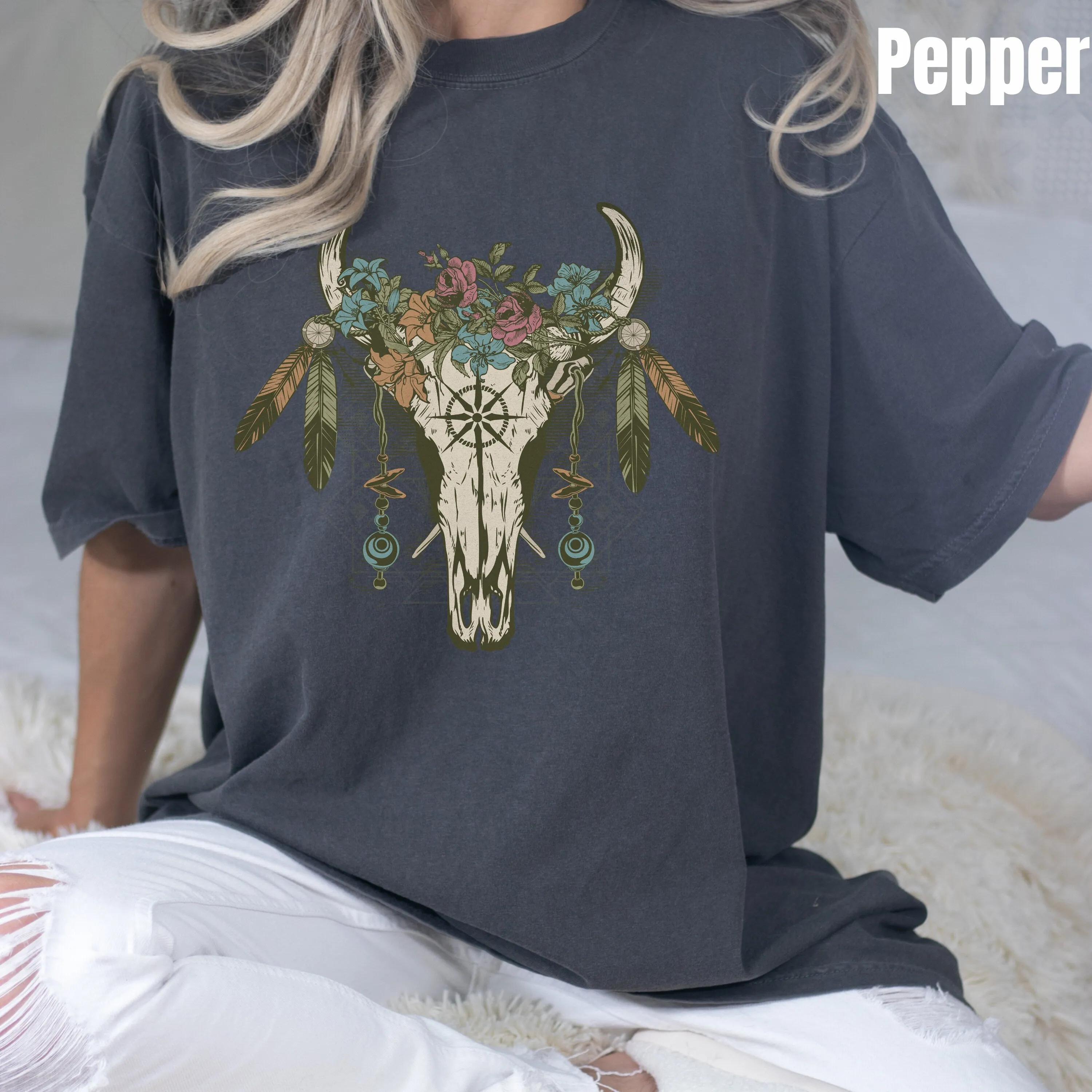 Boho Cow Skull Shirt, Cowgirl Shirt, Country shirt, Wild West Shirt, Western Graphic Tee, Bull Skull Shirt, Southwest Shirt Western Clothing