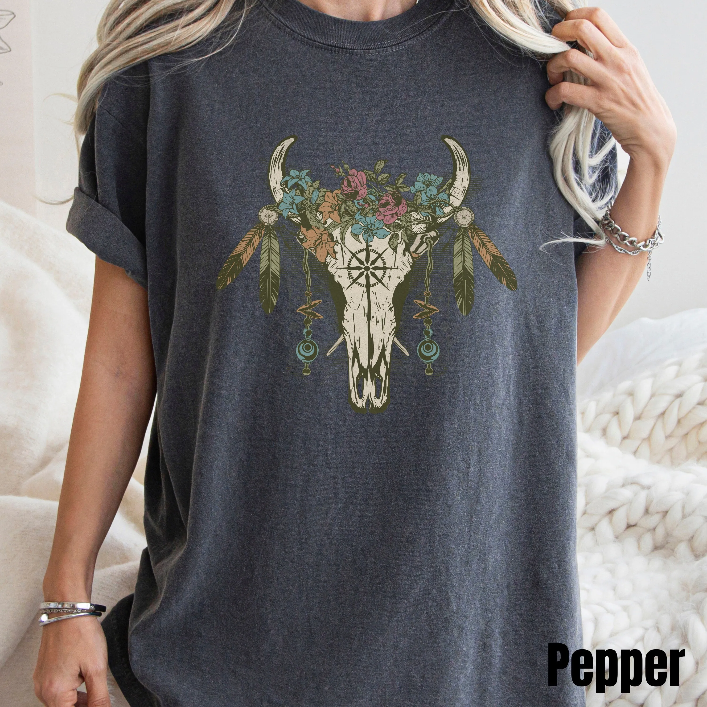 Boho Cow Skull Shirt, Cowgirl Shirt, Country shirt, Wild West Shirt, Western Graphic Tee, Bull Skull Shirt, Southwest Shirt Western Clothing