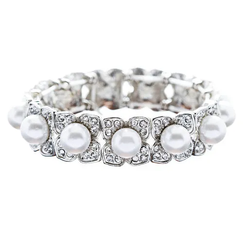 Bridal Wedding Jewelry Elegant Crystal Pearl Flower Stretch Bracelet Silver WT