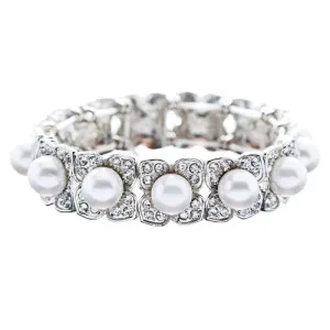 Bridal Wedding Jewelry Elegant Crystal Pearl Flower Stretch Bracelet Silver WT