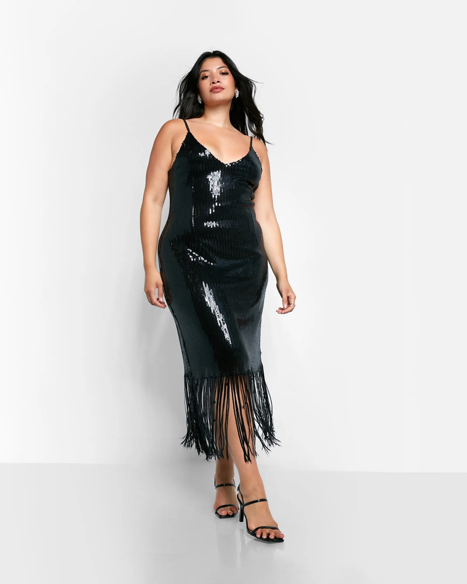Chiara Sequin Fringe Midi Slip Dress | Black