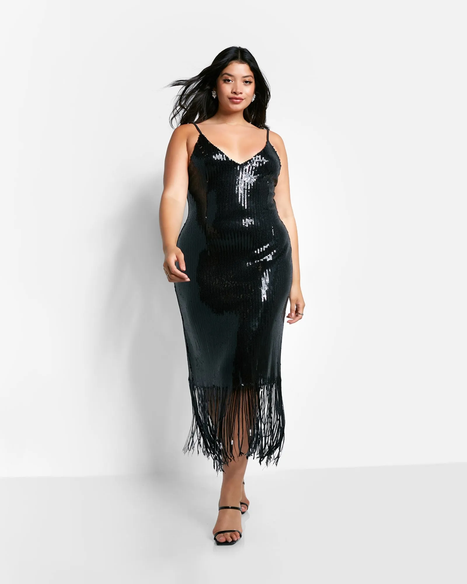Chiara Sequin Fringe Midi Slip Dress | Black