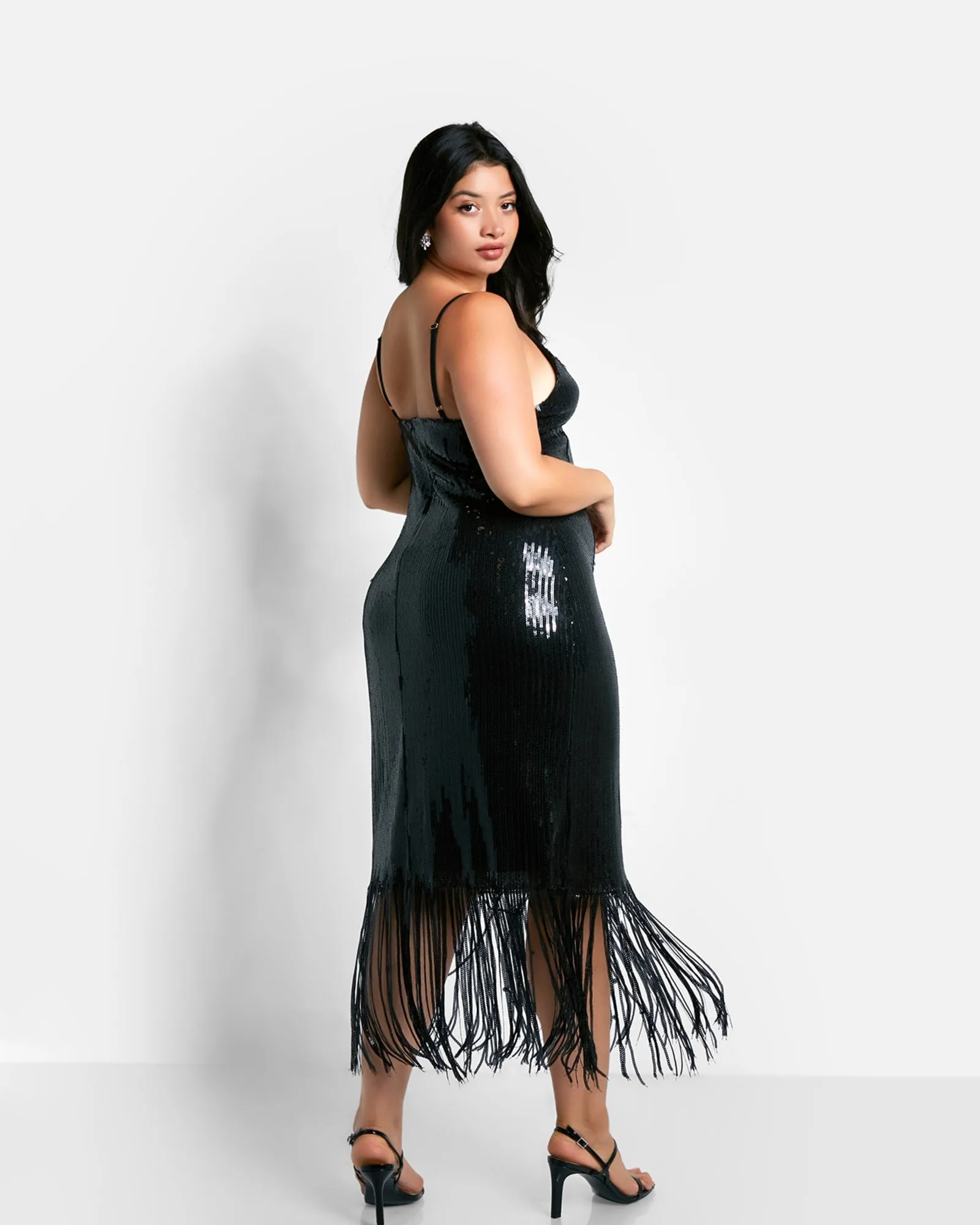 Chiara Sequin Fringe Midi Slip Dress | Black