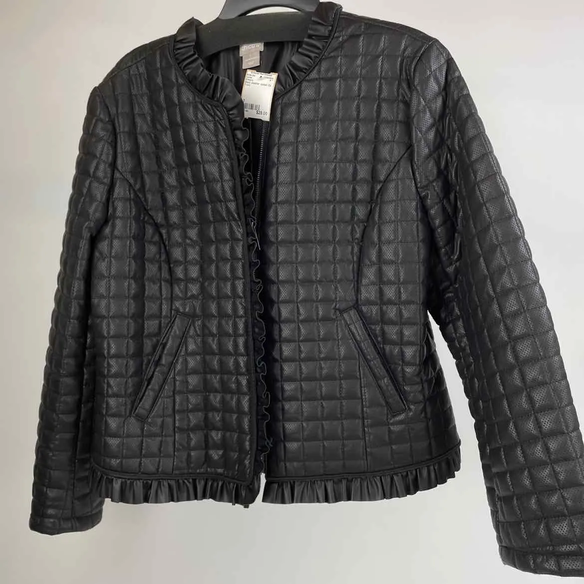 Chico's Size 1 Black pleather quilted Zip Front Jacket