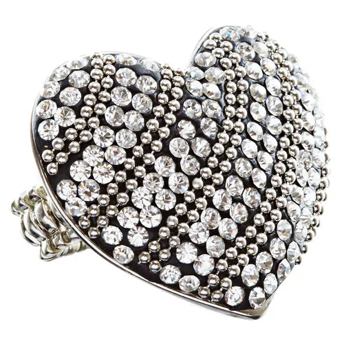 Duo Tone Crystal Pave Heart Stretch Ring Antique Silver
