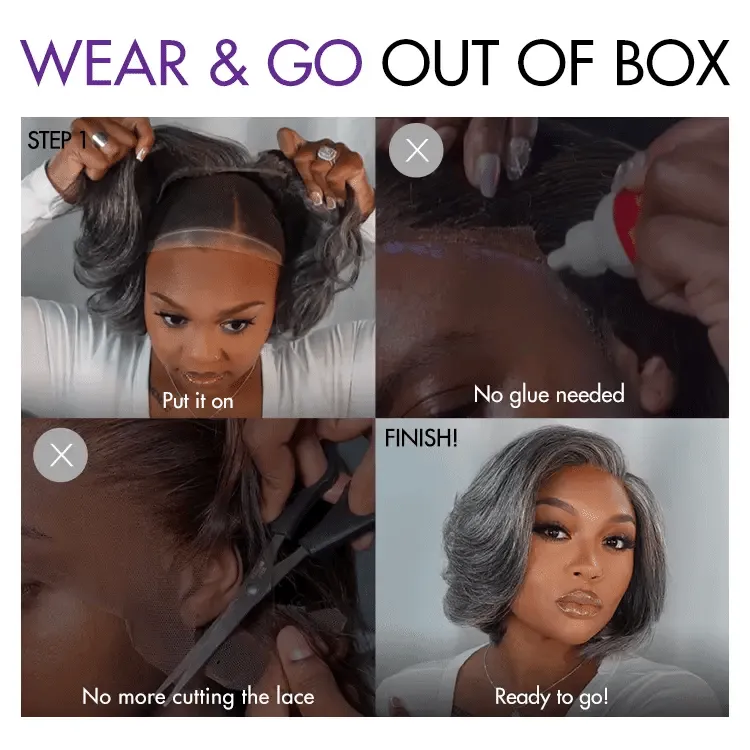 Exclusive Sale | Boss Vibe Salt & Pepper Layered Bob / Body Wave Glueless Pre-Cut Minimalist Lace Grey Wig