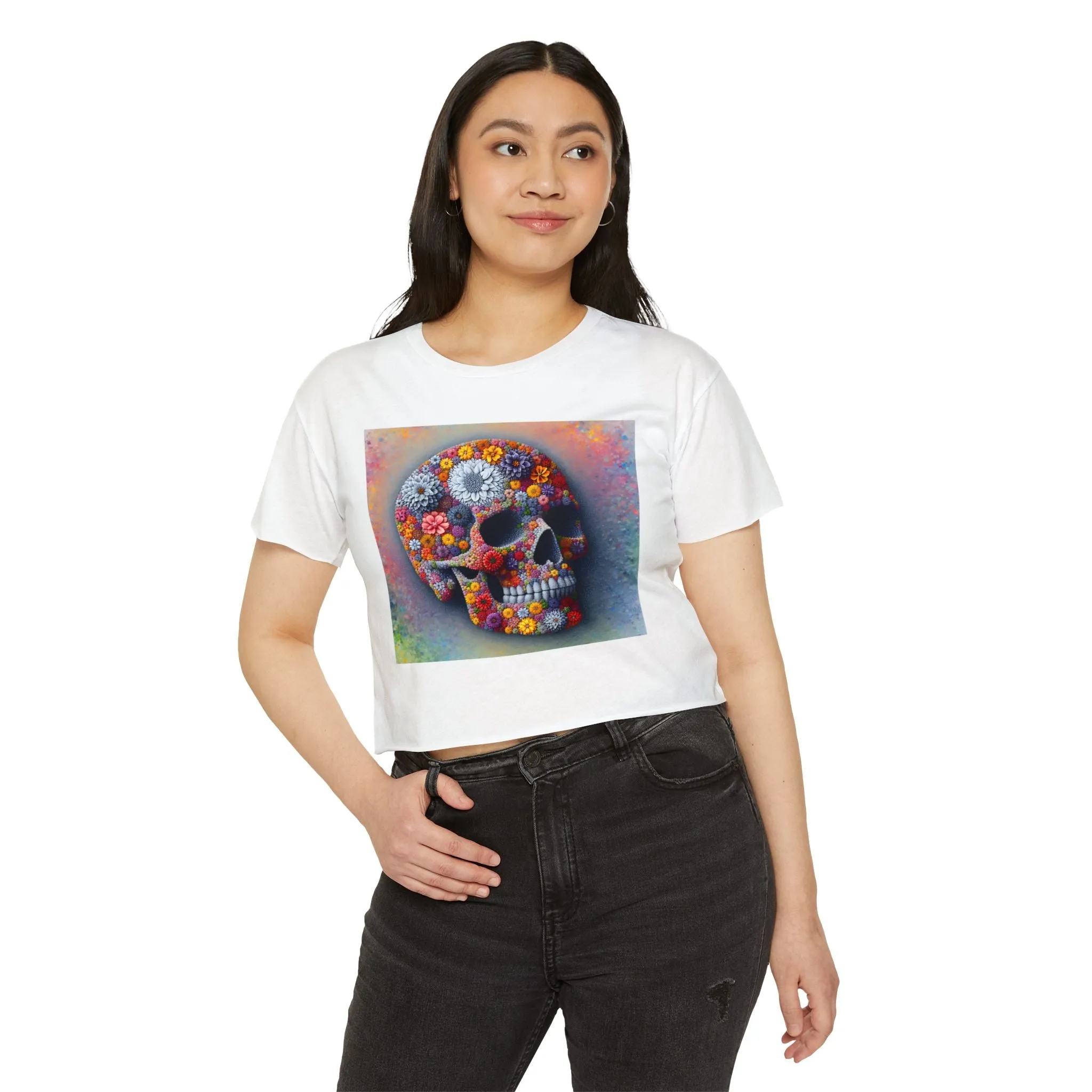 Flower Skull Abstract floral design - Colorful crop tee