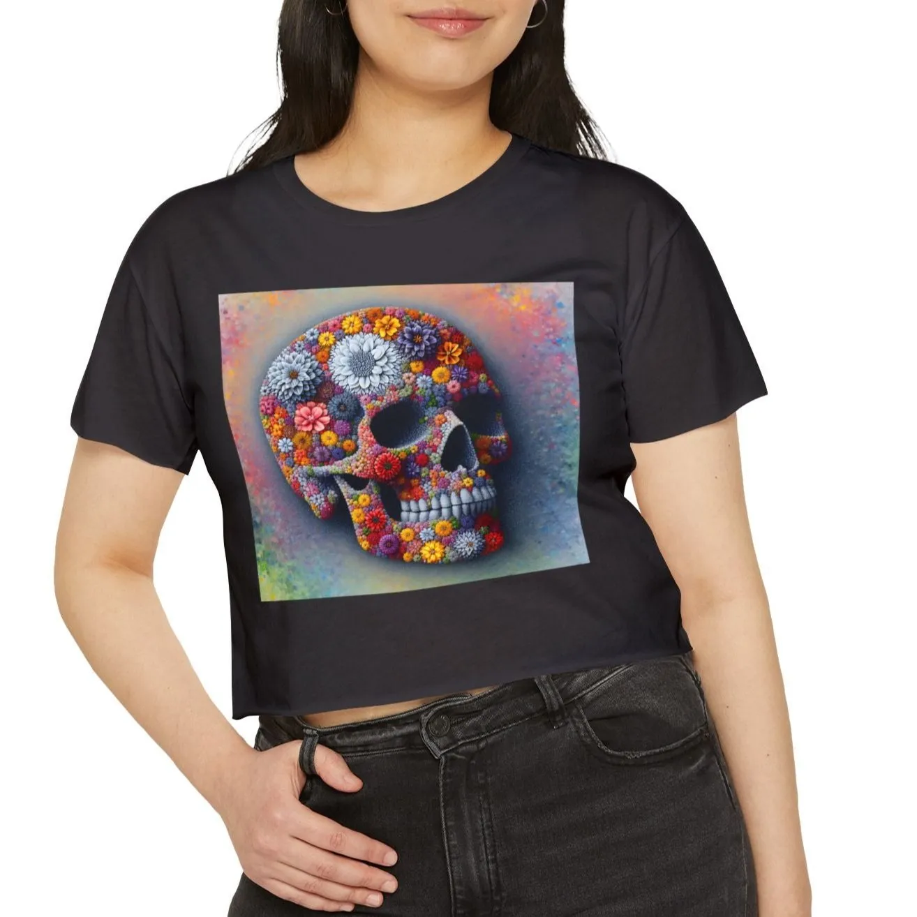 Flower Skull Abstract floral design - Colorful crop tee