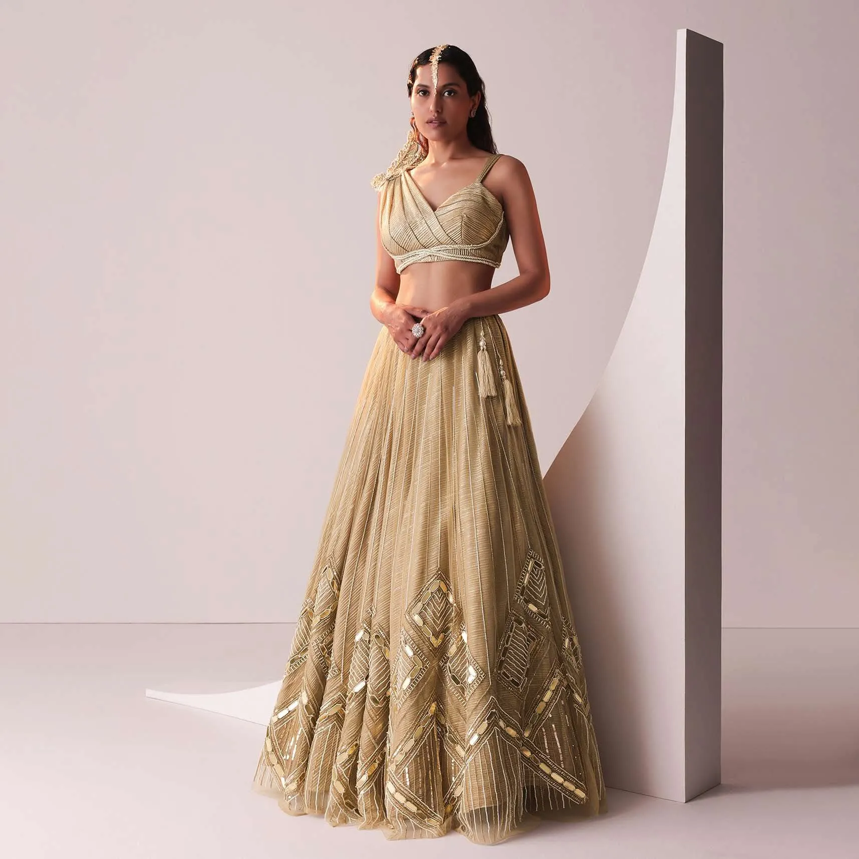 Glam Gold Embroidered Lehenga Set In Knit Stretchable Fabric