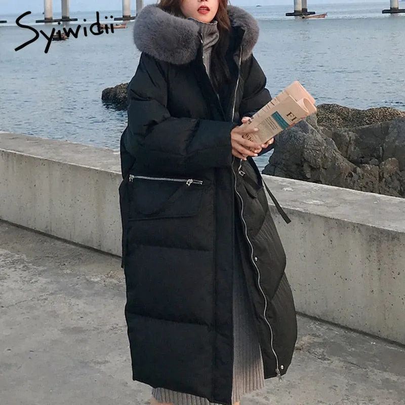 Joskaa Women's Winter Jackets 2024 Thicken Warm Long Coat with Fur Collar Hood New Korean Fashion Black Oversized Outerwear