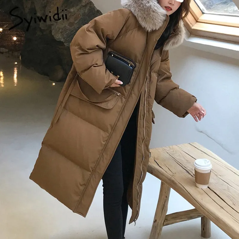 Joskaa Women's Winter Jackets 2024 Thicken Warm Long Coat with Fur Collar Hood New Korean Fashion Black Oversized Outerwear