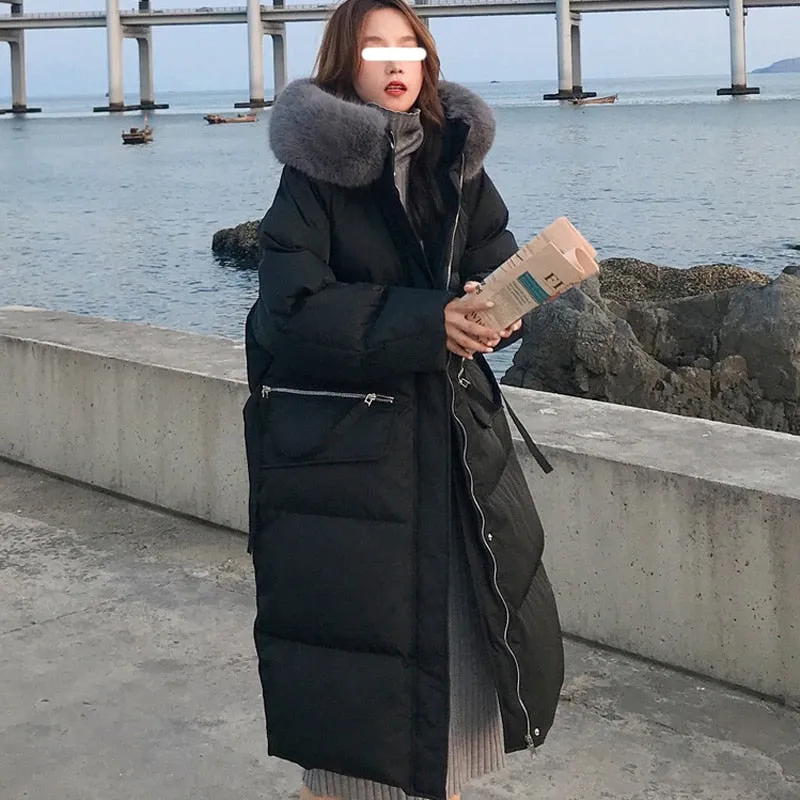 Joskaa Women's Winter Jackets 2024 Thicken Warm Long Coat with Fur Collar Hood New Korean Fashion Black Oversized Outerwear