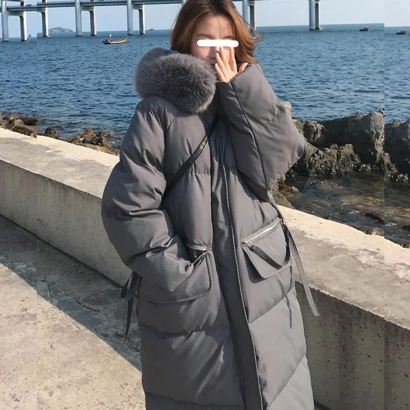 Joskaa Women's Winter Jackets 2024 Thicken Warm Long Coat with Fur Collar Hood New Korean Fashion Black Oversized Outerwear