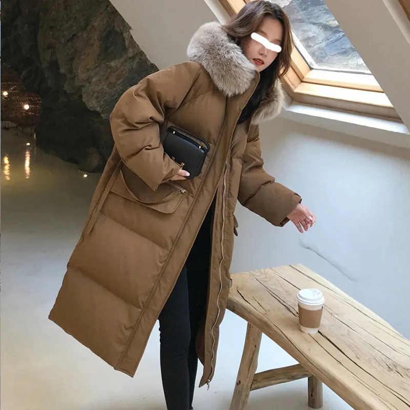 Joskaa Women's Winter Jackets 2024 Thicken Warm Long Coat with Fur Collar Hood New Korean Fashion Black Oversized Outerwear