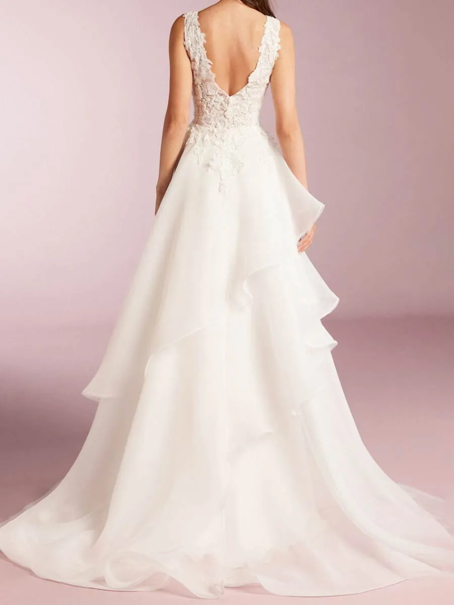 Layered Ruffle Wedding Dress Organza A-line V-Neck