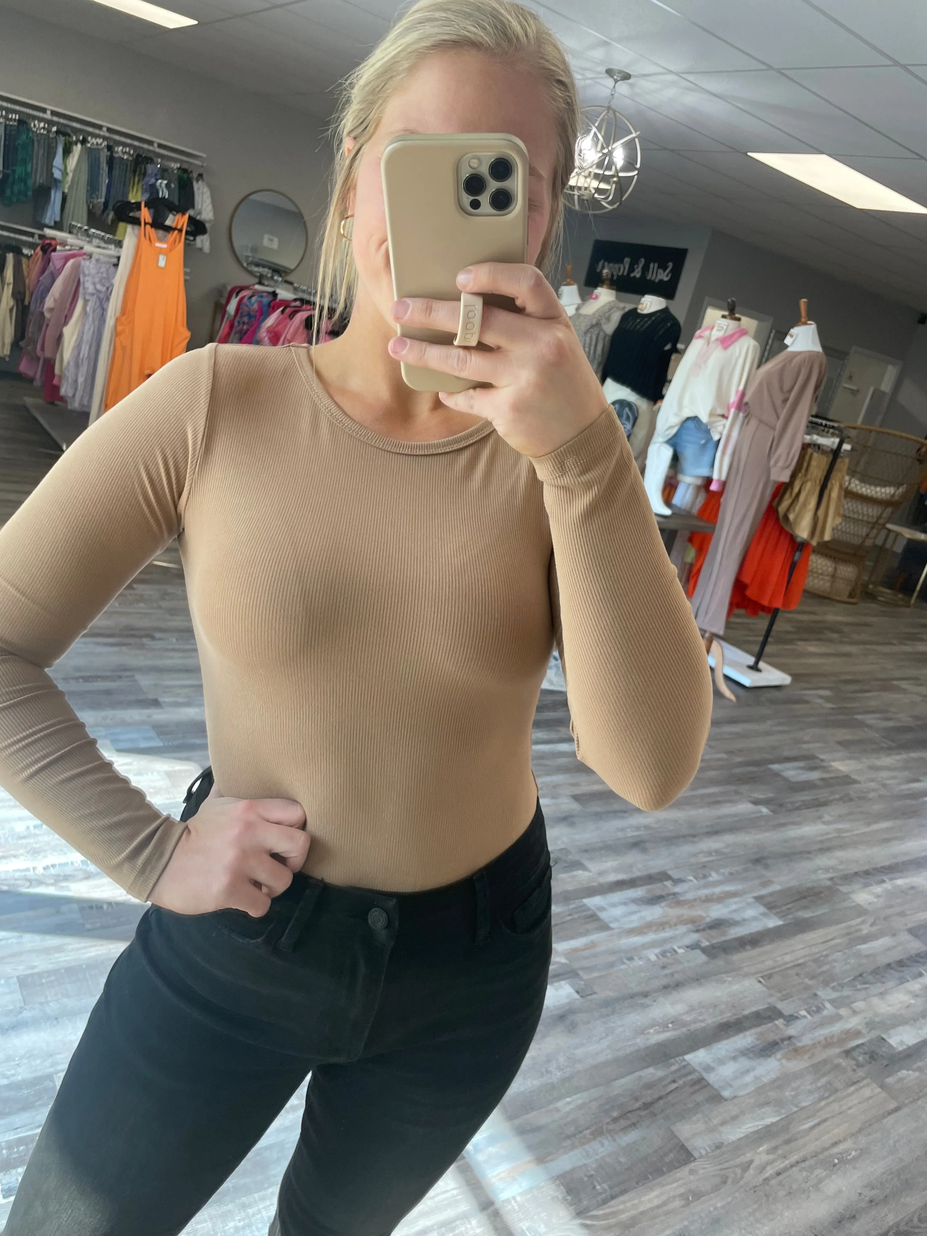 Long Sleeve Round Neck Rib Bodysuit - Tan