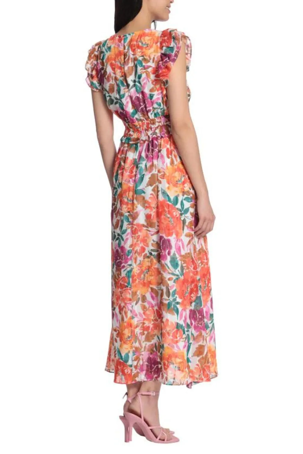 Maggy London Flutter Sleeves Smoked Waist Chiffon Maxi