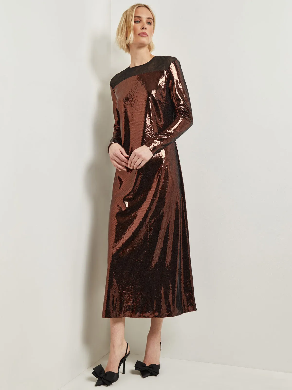 Modern Fit Sheer Shoulder Sequin A-Line Maxi Dress