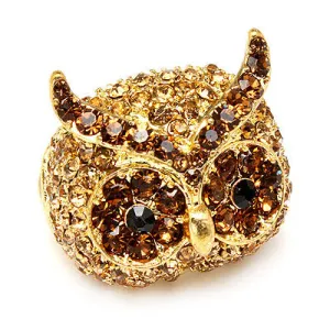 Owl Animal 3D Crystal Rhinestone Stretch Ring Gold
