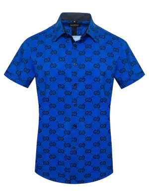 Royal Blue GG Men's Short Sleeve Shirt Fashion Design Luxury Style