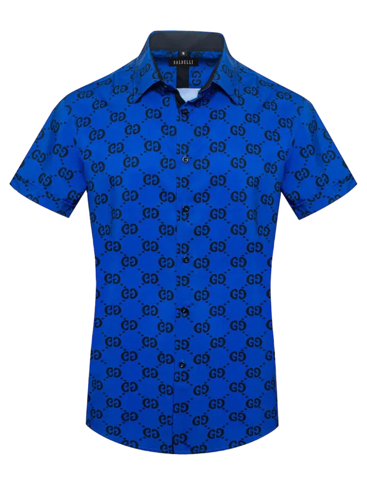 Royal Blue GG Men's Short Sleeve Shirt Fashion Design Luxury Style